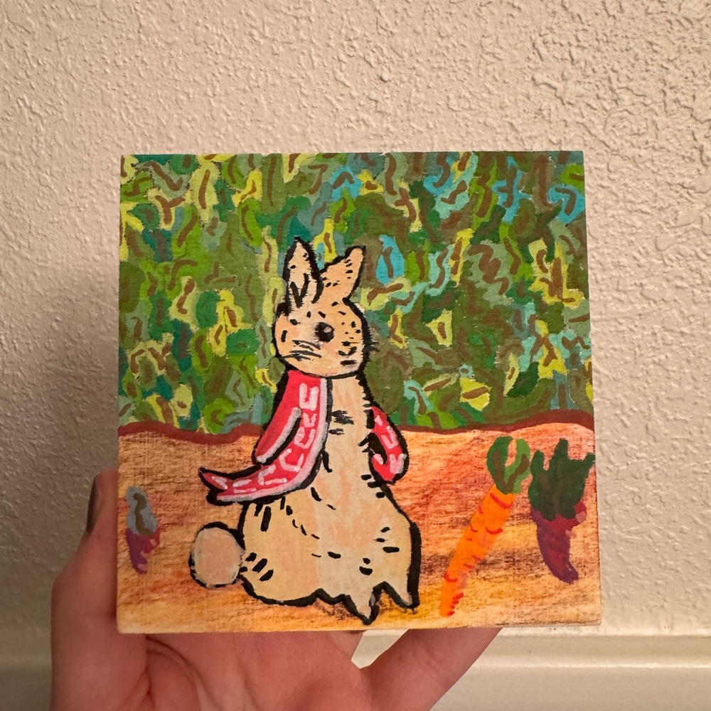 “Spring colors” original mini acrylic painting drawing on wood board 4x4”